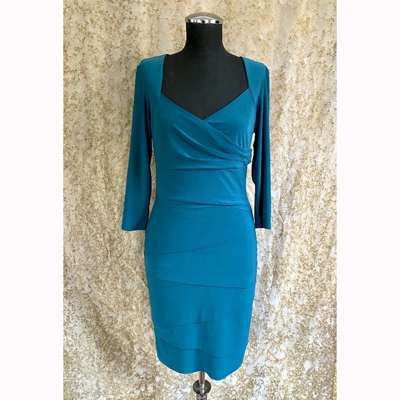 White House Black Market Teal Stretch Tiered Dress Size 6 - Picture 2 of 7